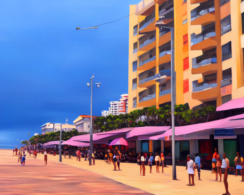 Busy seaside promenade with people, umbrellas, and high-rise building