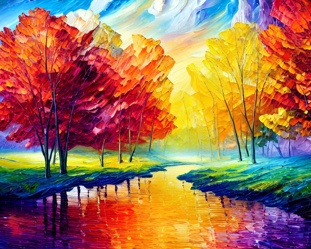 Colorful autumn forest oil painting with water reflection and dynamic sky