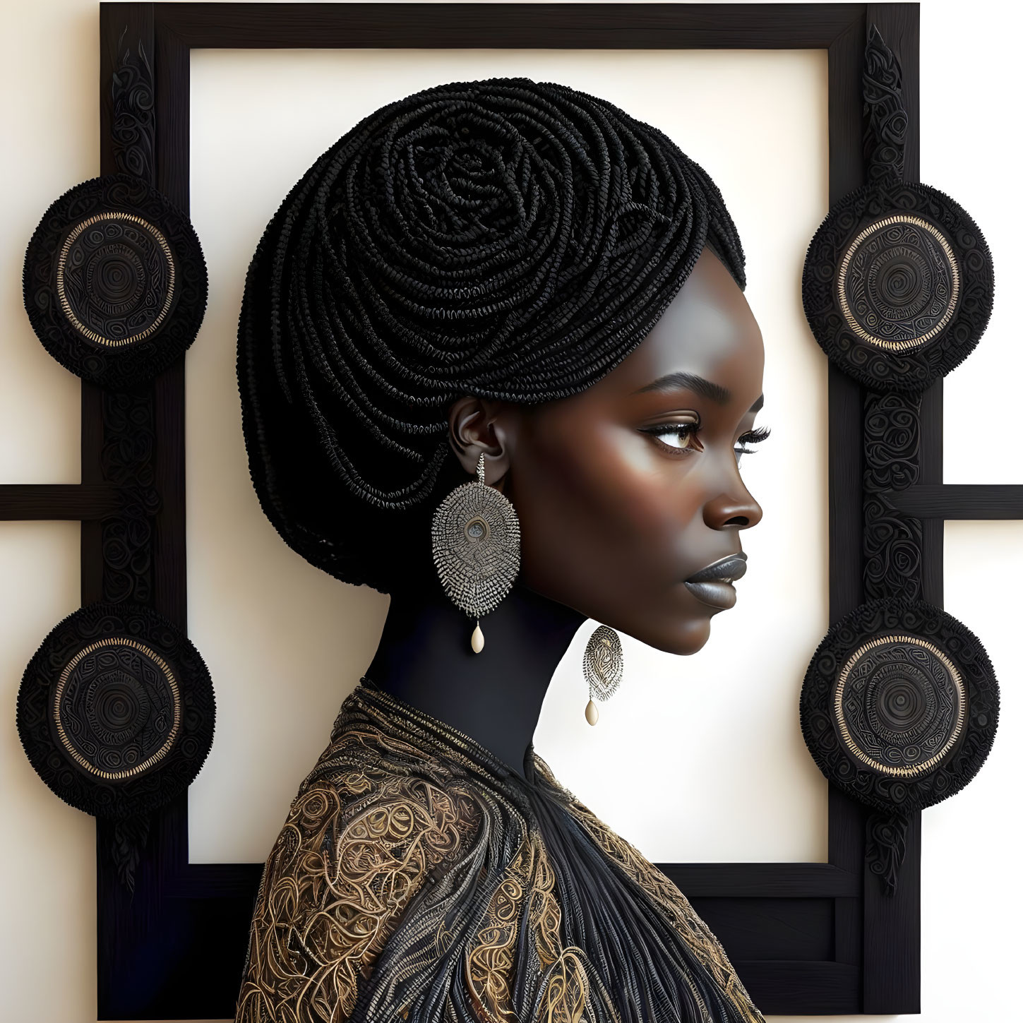 Digital artwork featuring woman with ornate braided hair, large earrings, and detailed shawl.