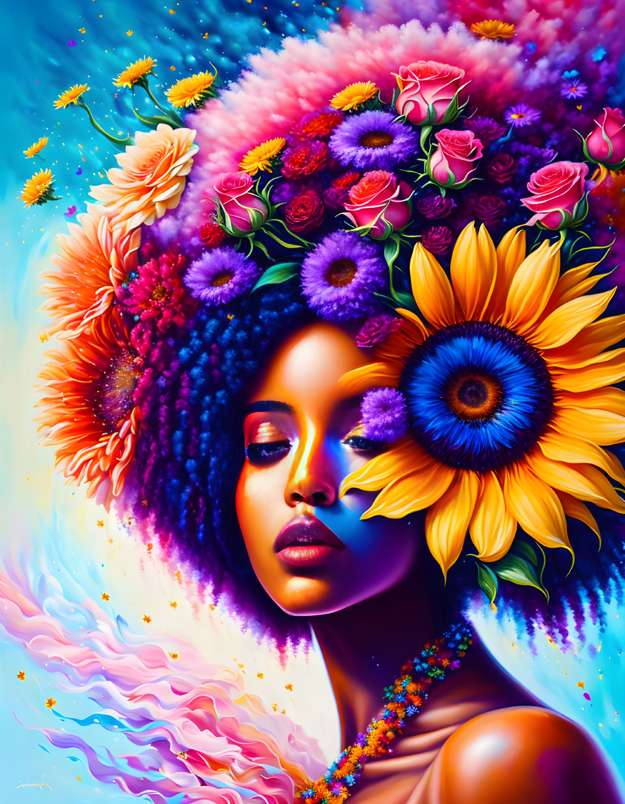 Colorful Afro Woman Portrait with Flowers on Swirling Background