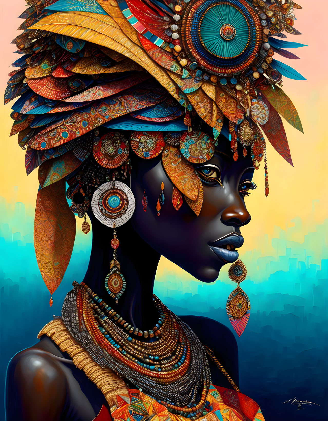 Colorful Portrait of Woman in African Attire & Jewelry