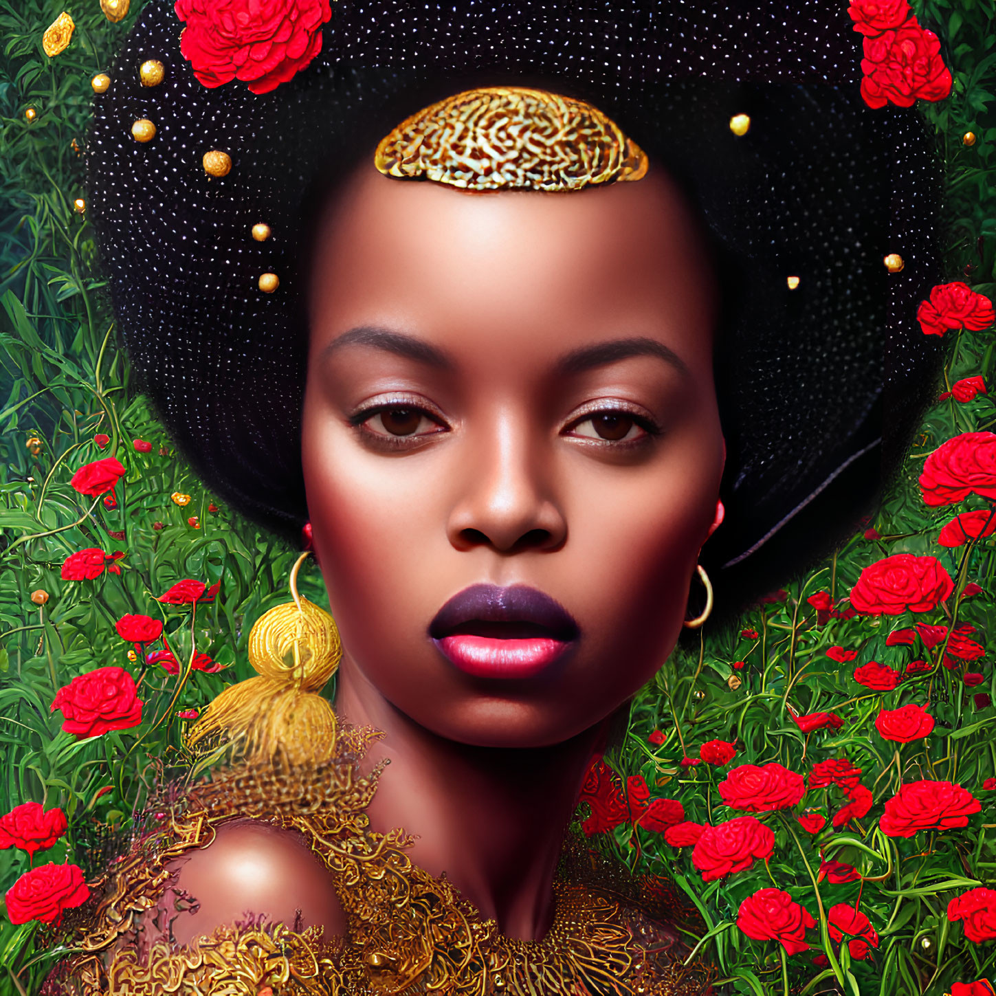 Digital art portrait of a woman with bejeweled headpiece and gold collar in lush greenery