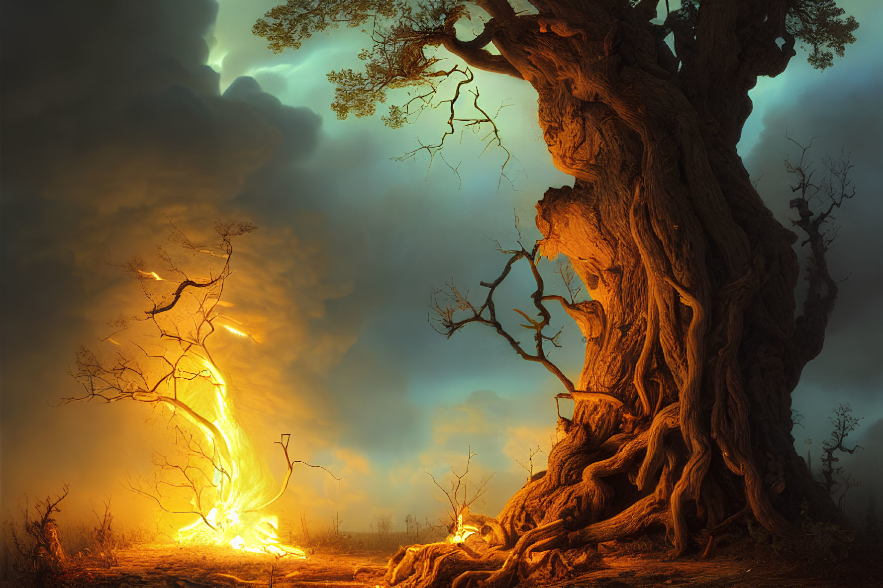 Twisted ancient tree under stormy sky with glowing cracks.