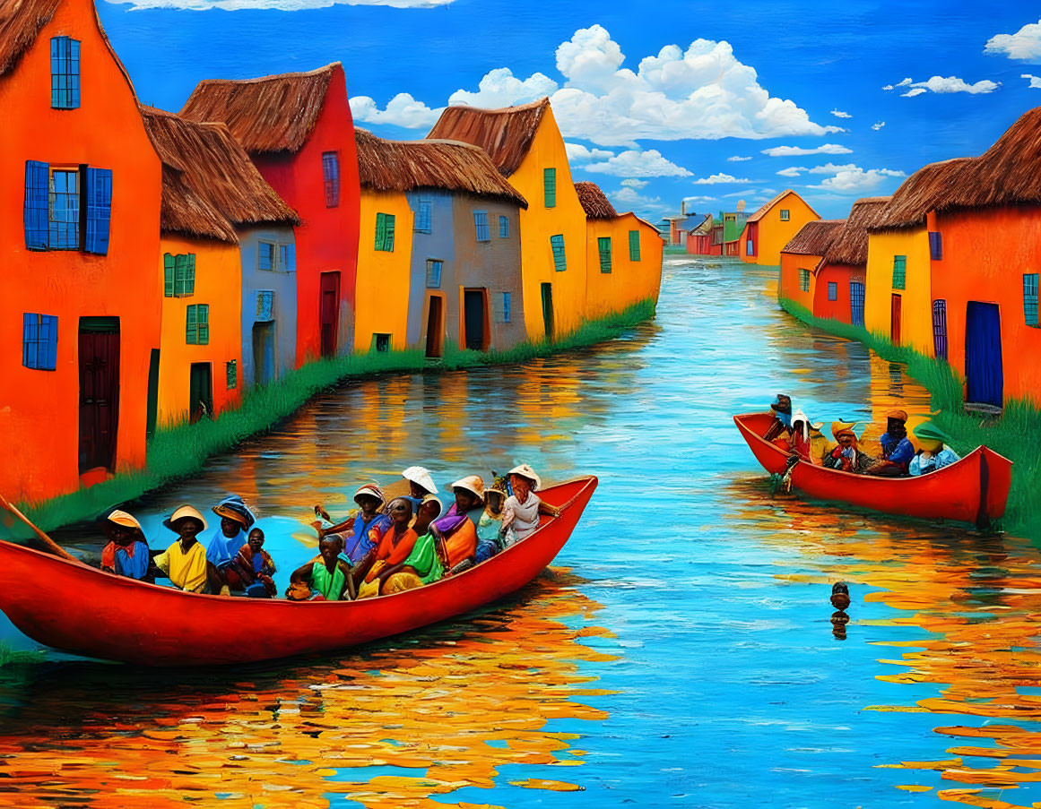 Colorful painting of people in boats on canal with vibrant houses under blue sky