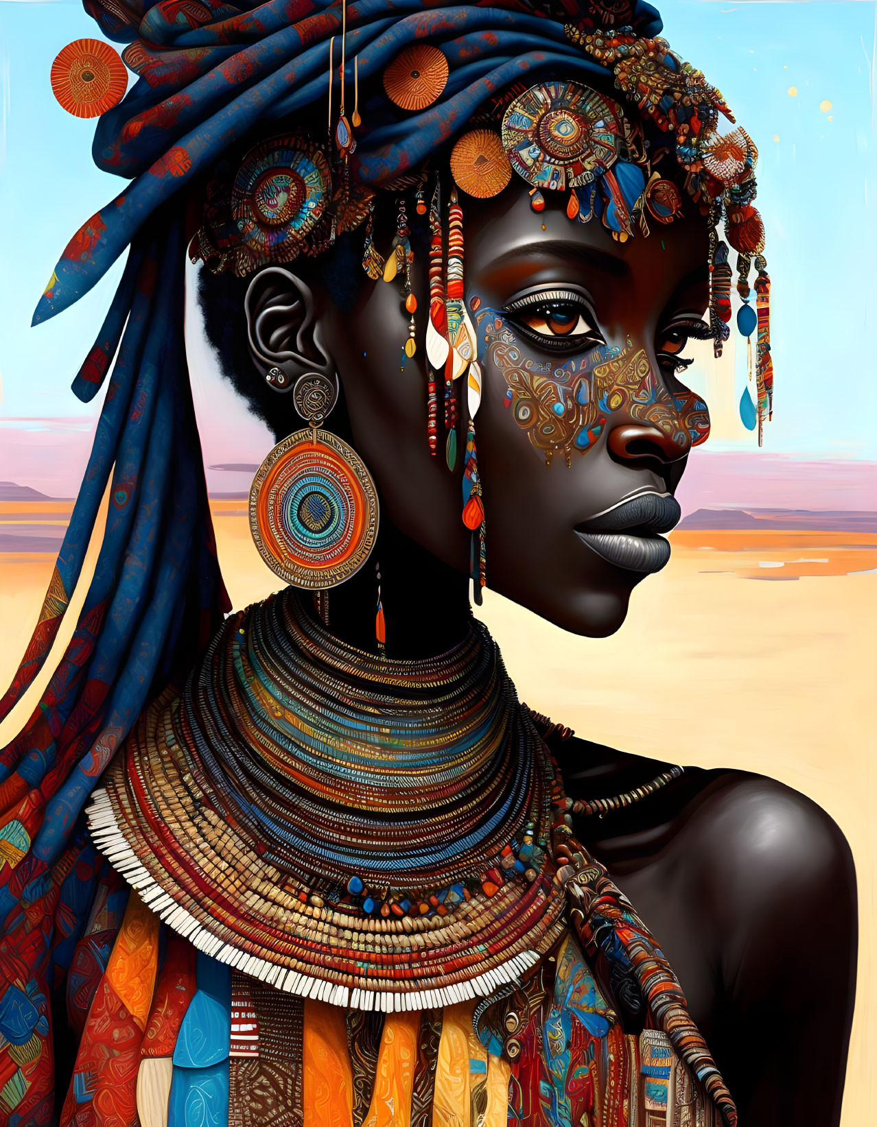 Intricate tribal face paint and colorful beadwork on woman in desert