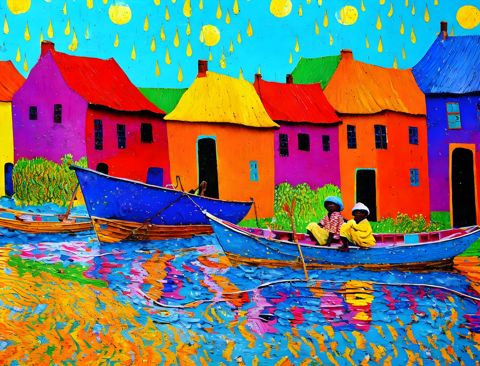 Colorful painting: two people in blue boat on vibrant river with colorful houses under blue sky.