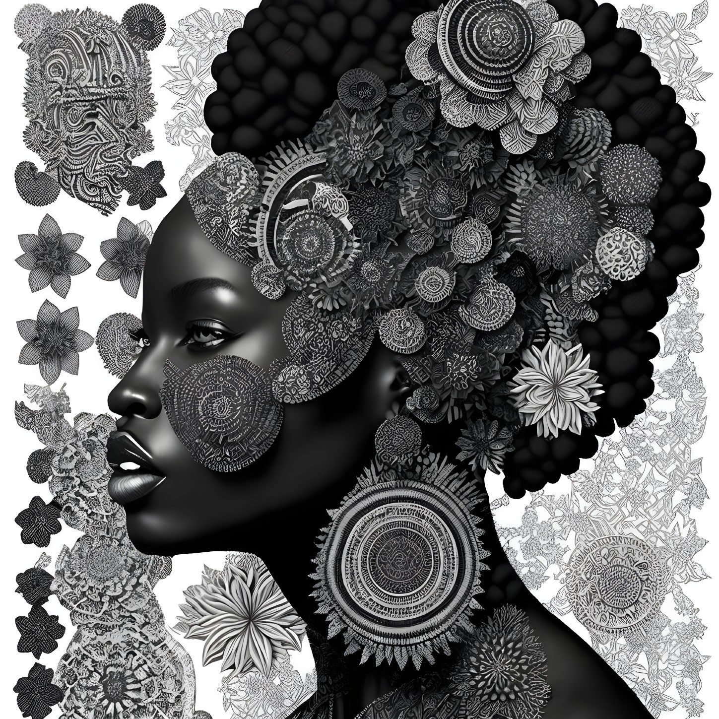 Monochrome artwork of woman with floral patterns exudes elegance