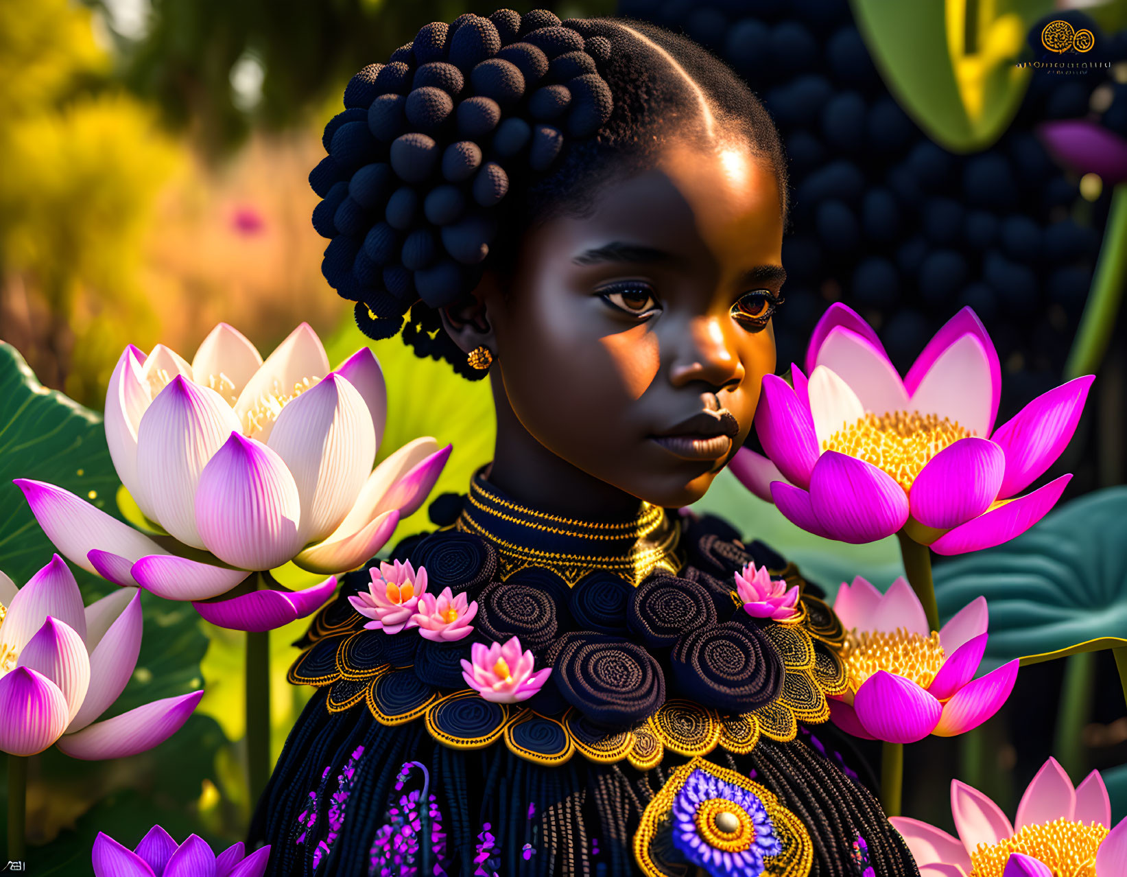 Young girl with intricate hairstyles and pink lotus flowers in black and gold outfit