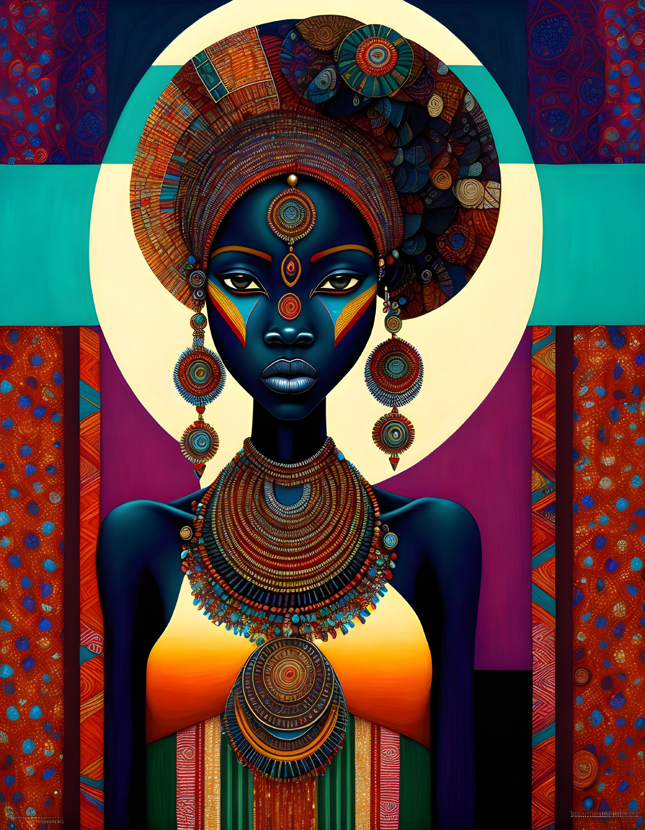 Colorful African woman portrait with intricate headgear and jewelry on celestial background