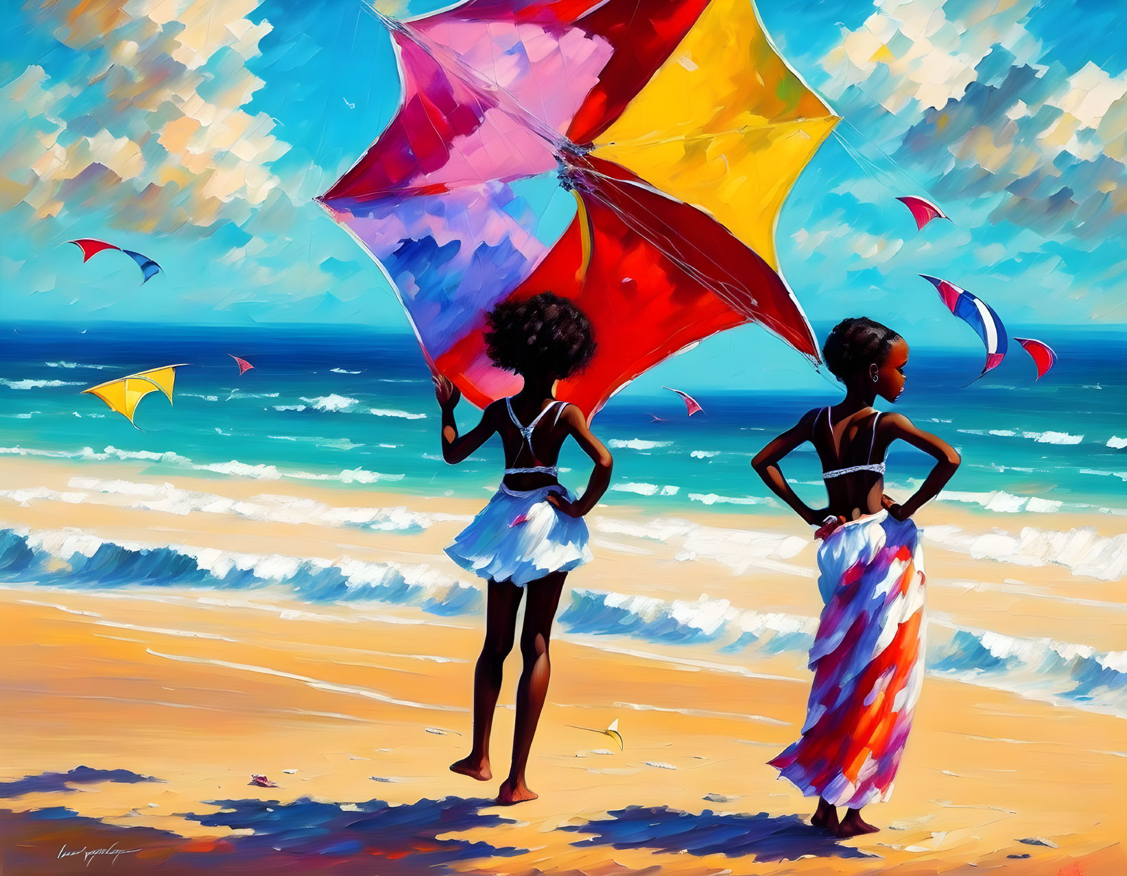 Stylized women with colorful umbrella on beach with ocean and kites in blue sky