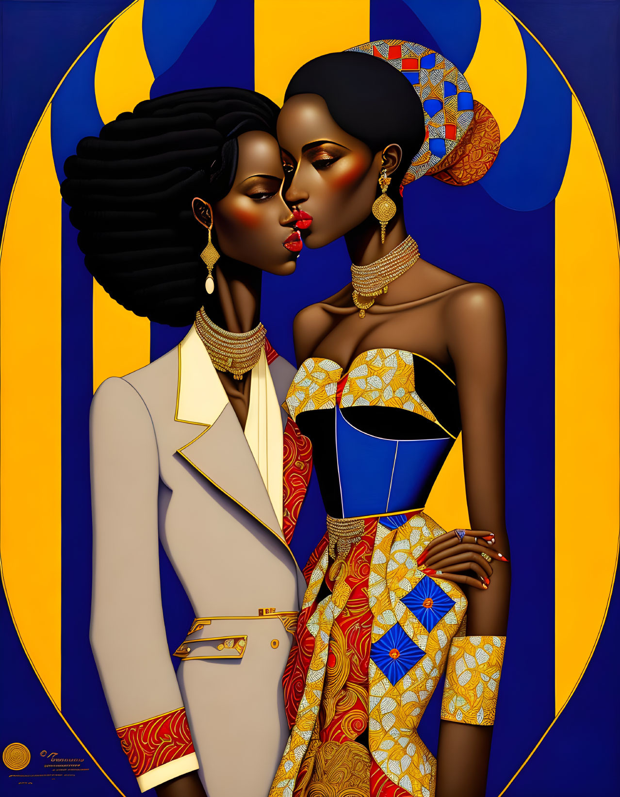 Stylized women in elegant attire with gold jewelry on blue background