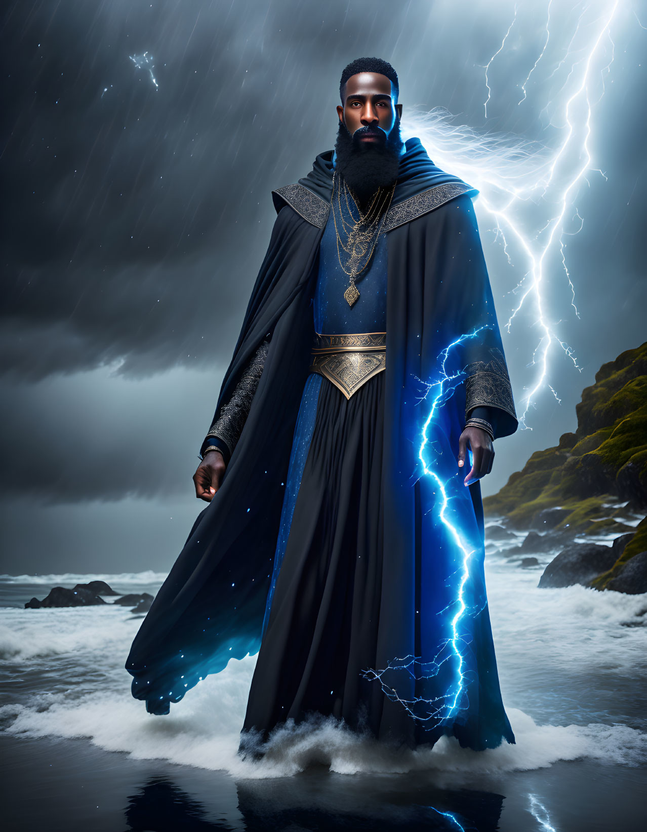 Majestic figure in dark blue cloak with lightning motifs on stormy shore
