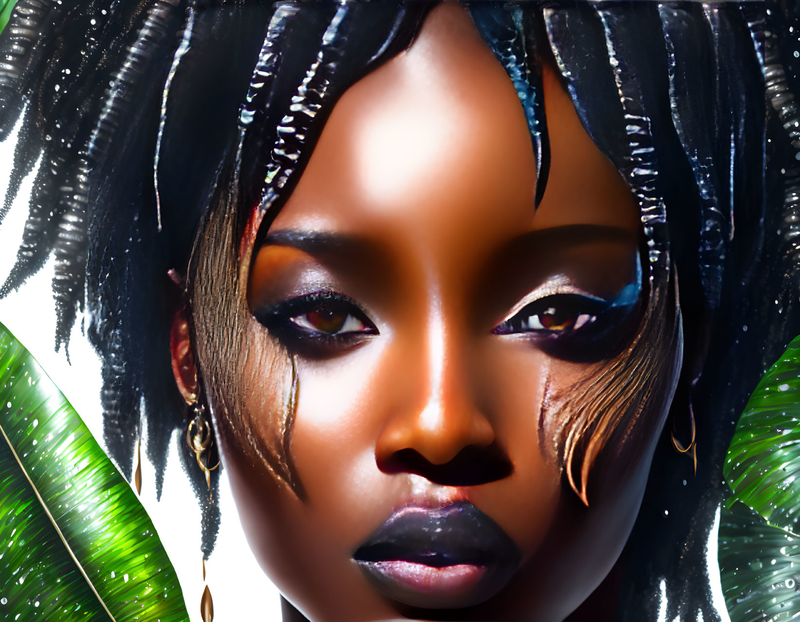 Detailed digital portrait of woman with striking makeup and tropical leaf motifs.