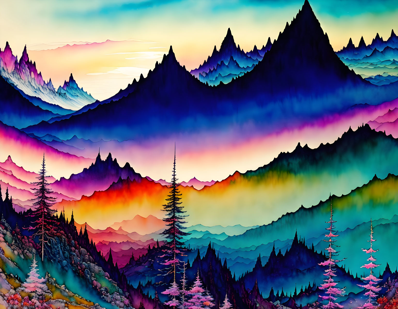 Vibrant digital painting of purple to orange mountain ranges with silhouetted pine trees and a