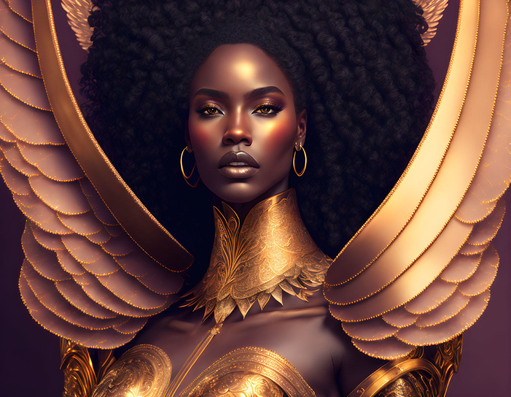 Regal dark-skinned woman in golden armor and wings