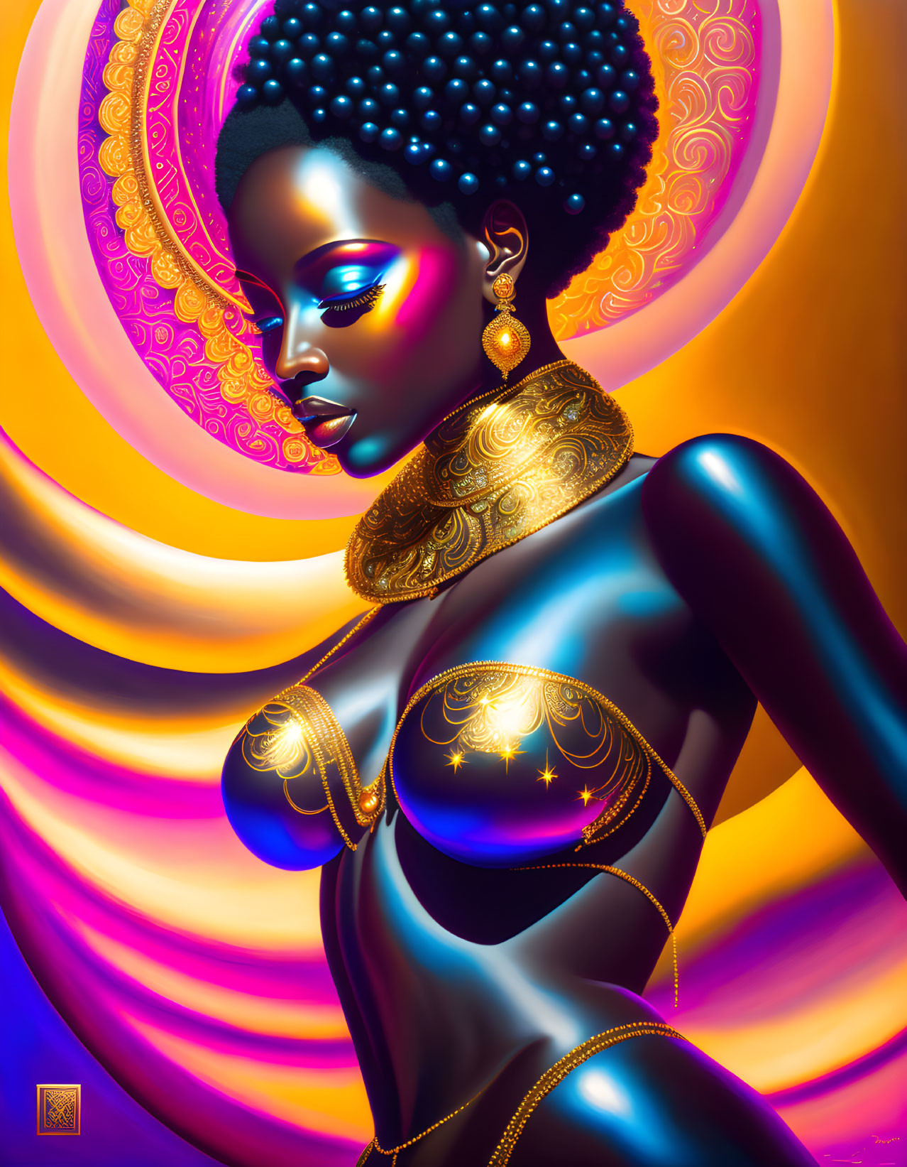 Colorful digital artwork: Woman with afro hair and gold jewelry on vibrant background