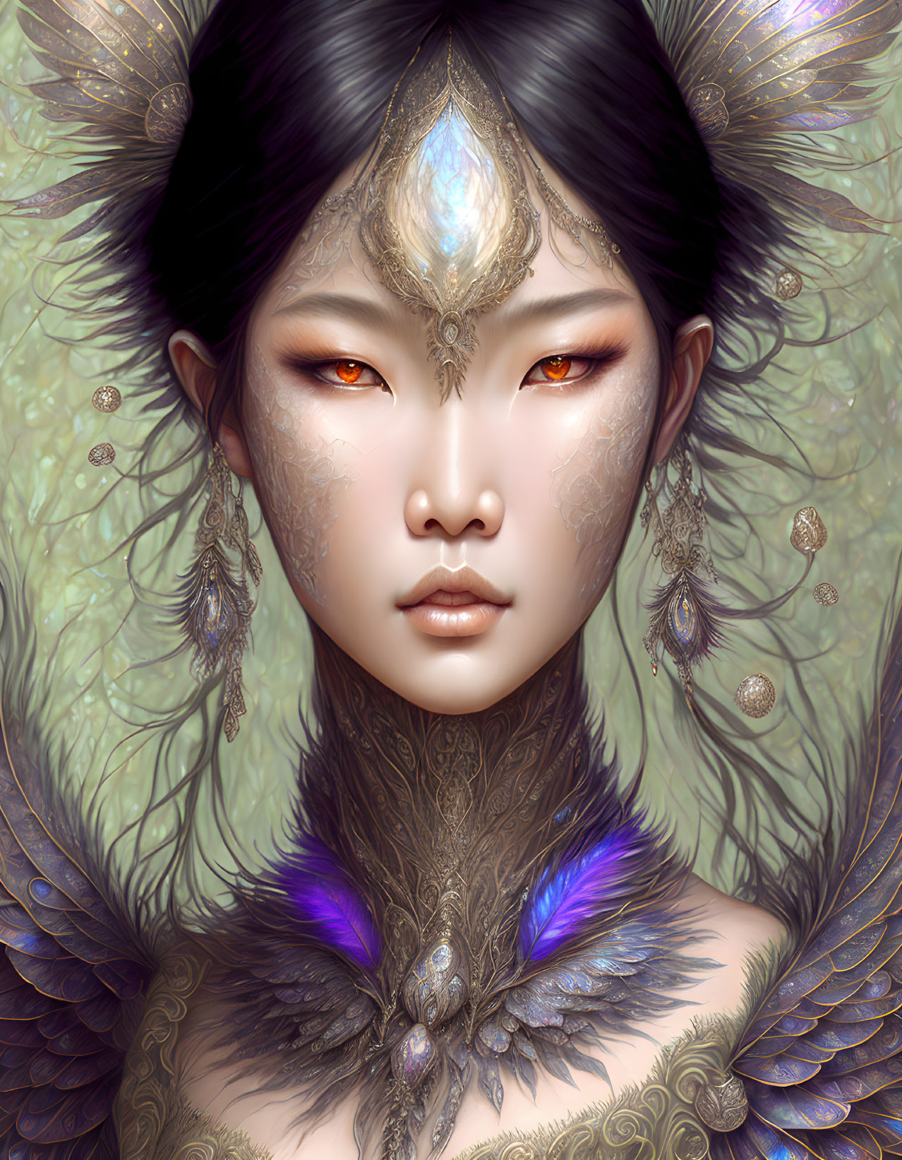 Fantasy makeup woman with golden jewelry and feathered adornments