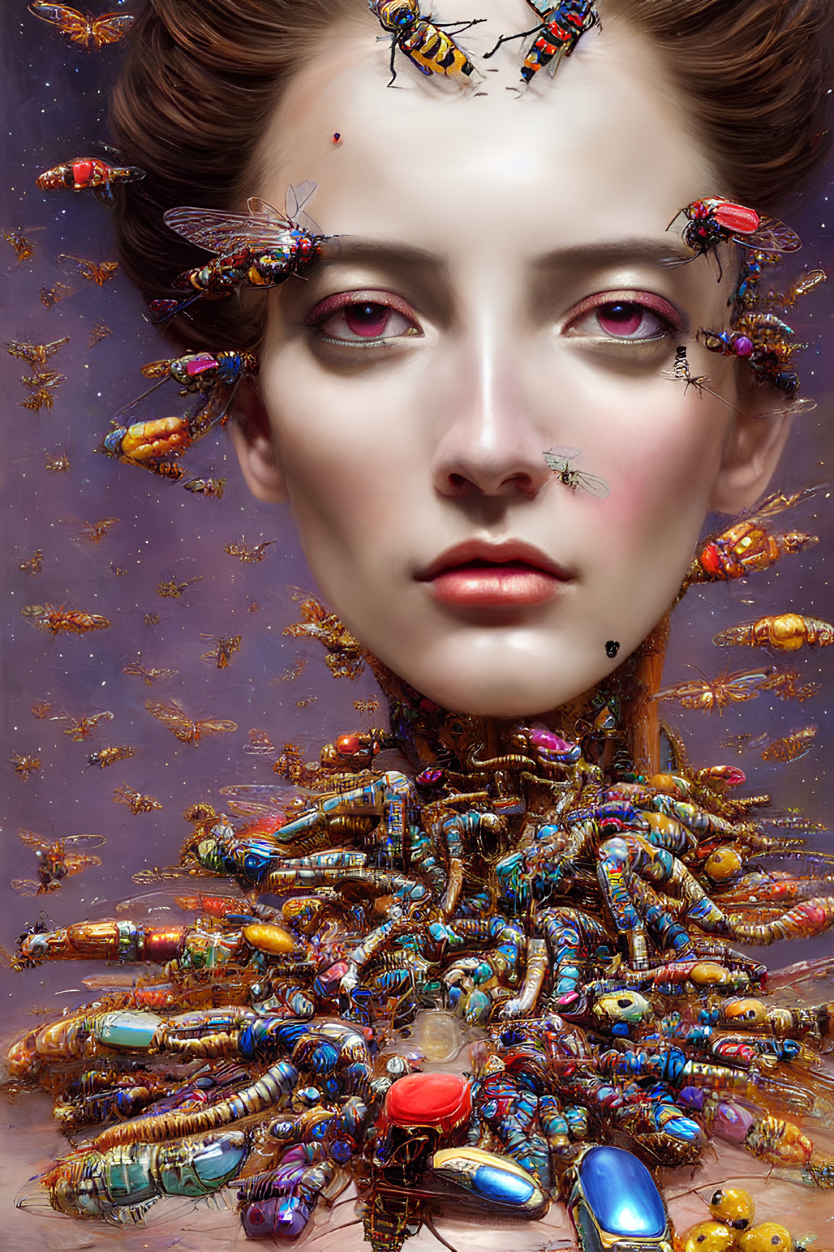 Colorful metallic beetles partially cover woman's face in surreal portrait