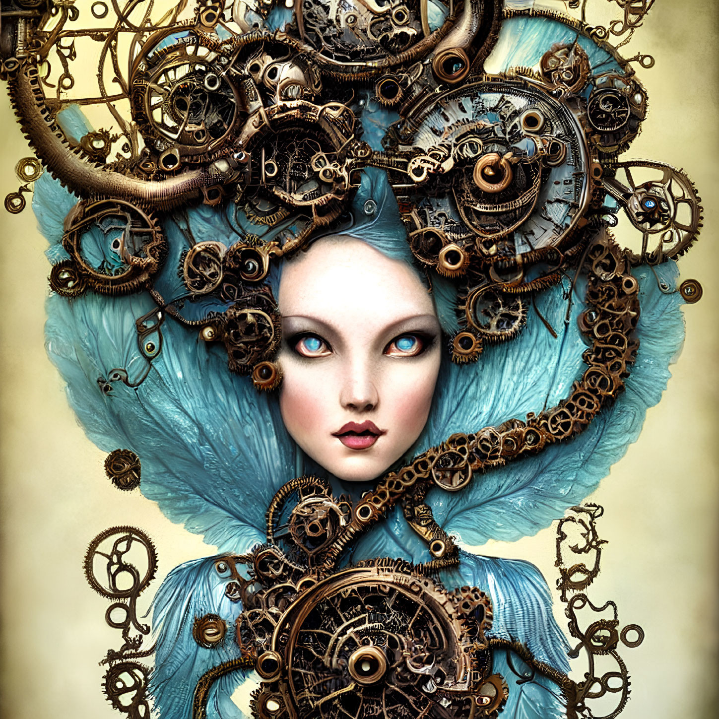 Detailed Steampunk Illustration of Woman with Pale Skin and Blue Hair