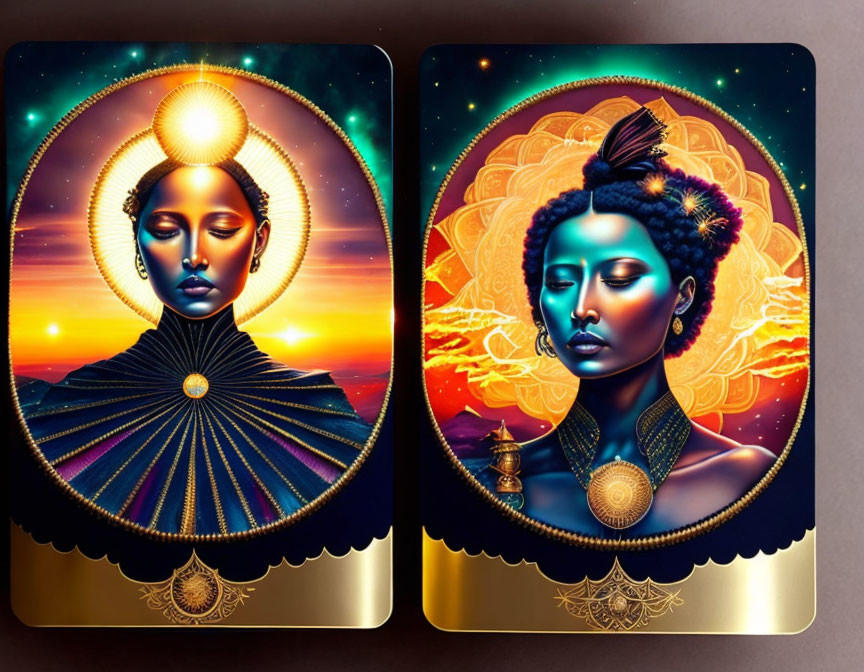 Artistic cards: Stylized women, aureolas, intricate jewelry, sunset backdrop - surrealism