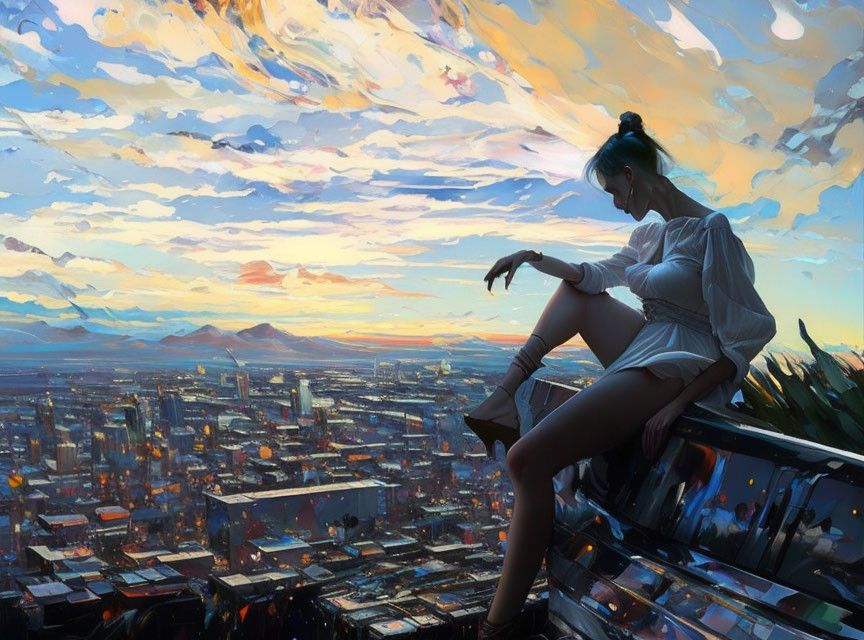 Person overlooking vibrant cityscape at sunset with colorful clouds and warm city lights