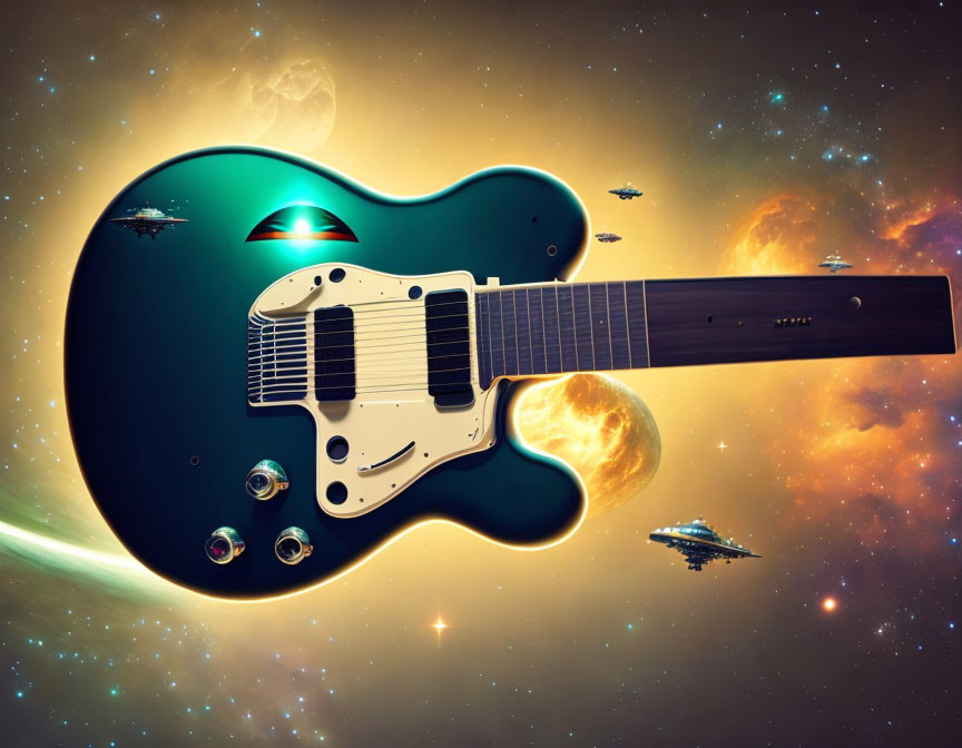 Floating guitar surrounded by cosmic elements