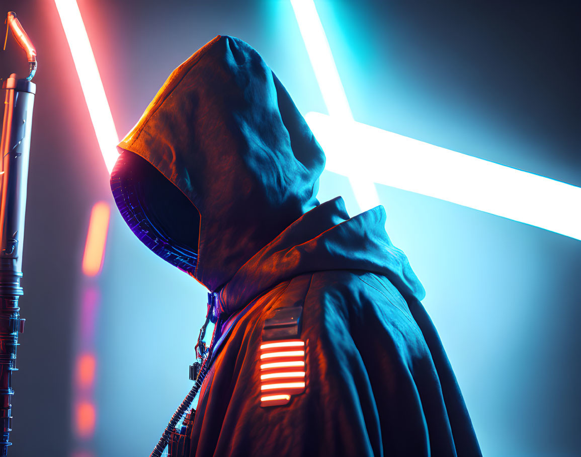 Hooded figure with glowing staff in neon-lit setting