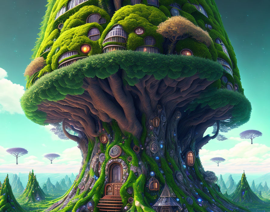 Enchanting tree houses in magical landscape