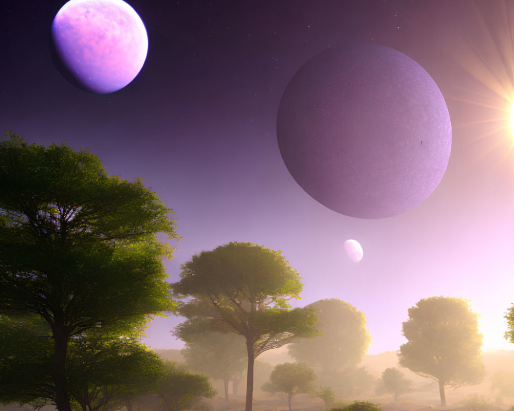 Surreal landscape with large purple planet and lush green trees