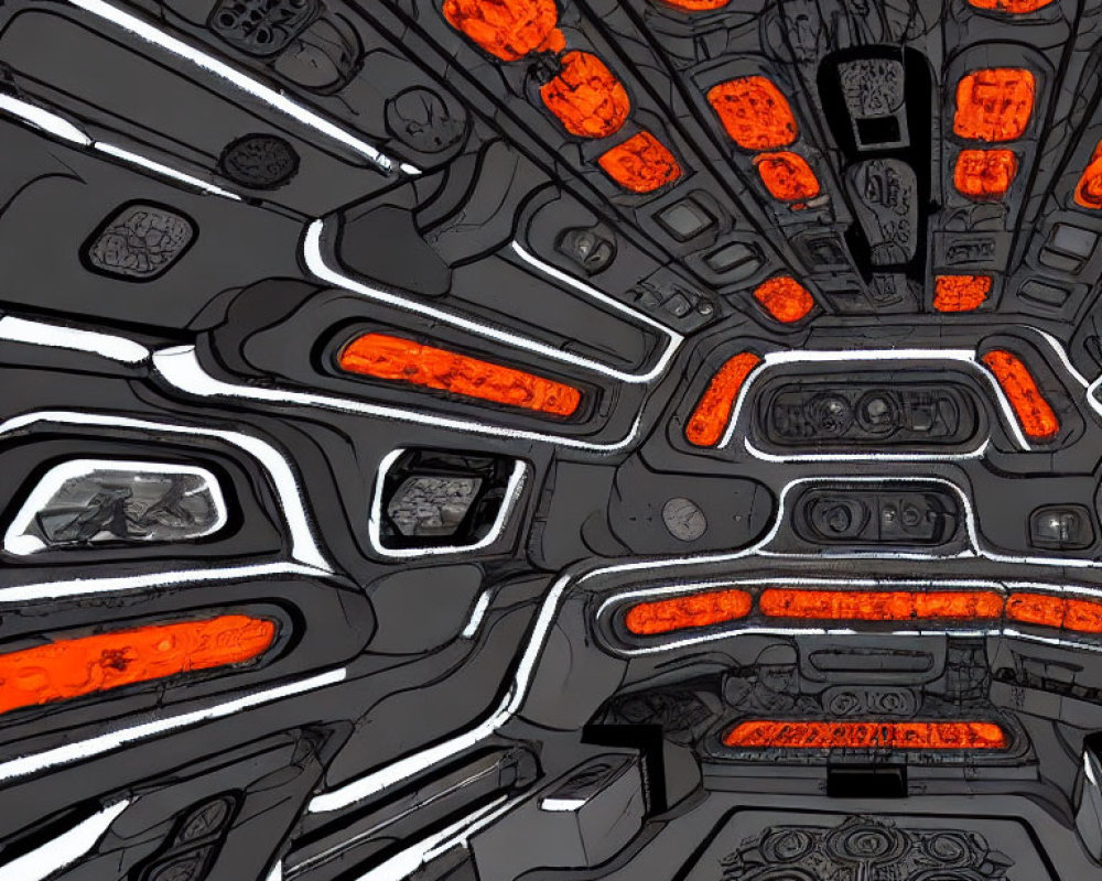 Futuristic spacecraft interior with orange-lit panels & mechanical details