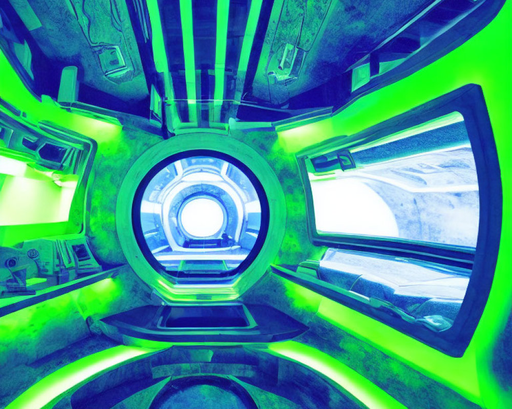 Neon Green-Lit Spaceship Interior with Circular Corridor