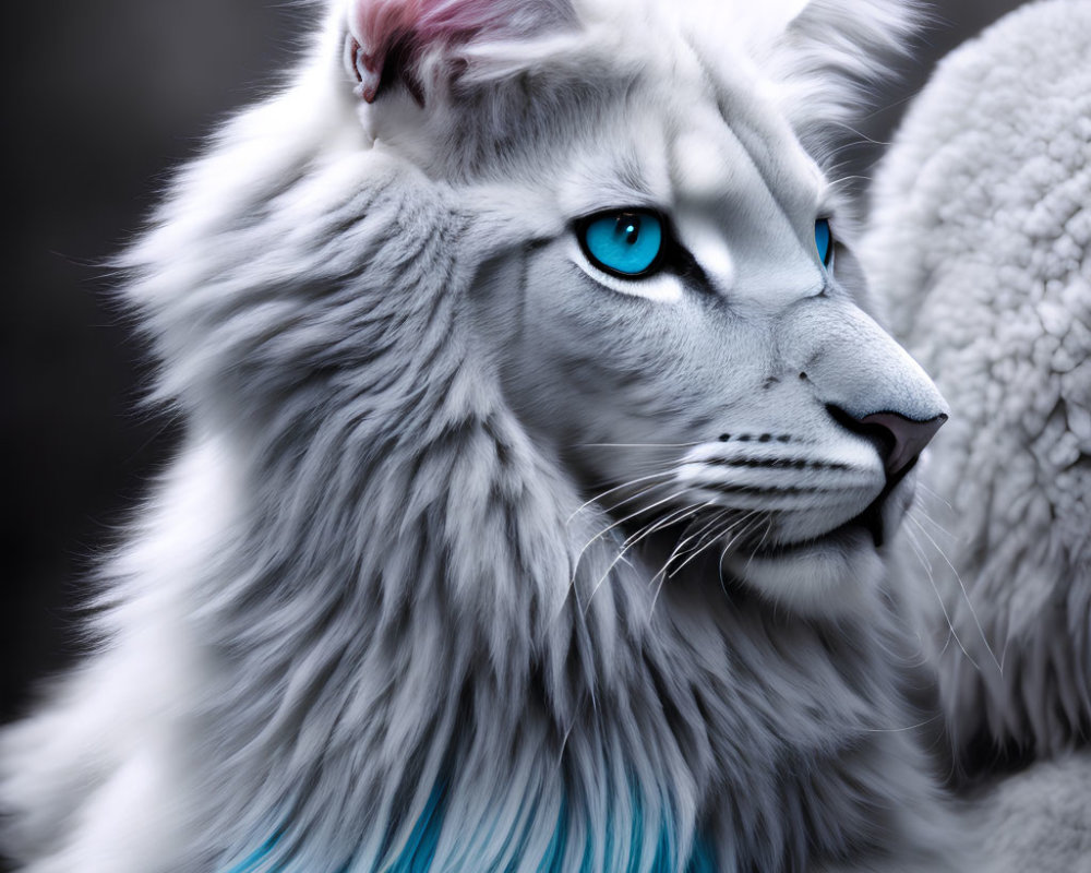 Fantasy creature with white lion features and blue eyes on dark background