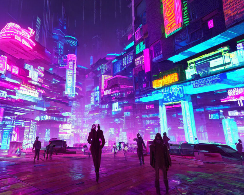 Neon-lit futuristic cityscape at night with vibrant colors and pedestrians.