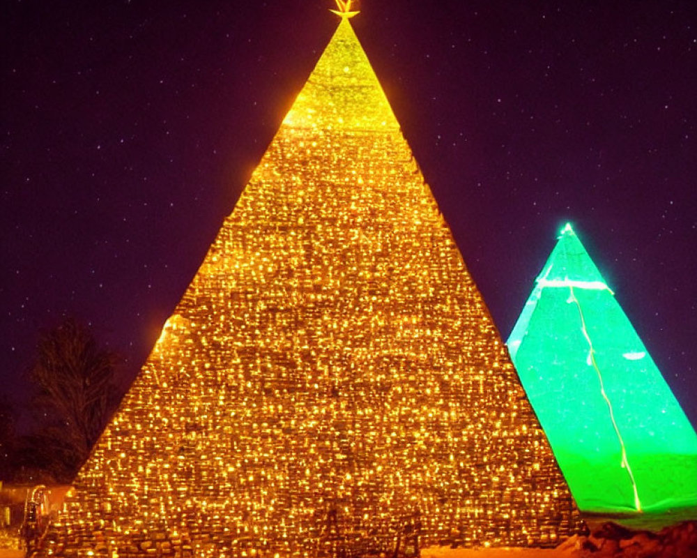 Illuminated Pyramid Christmas Trees in Yellow and Green Against Starry Night Sky