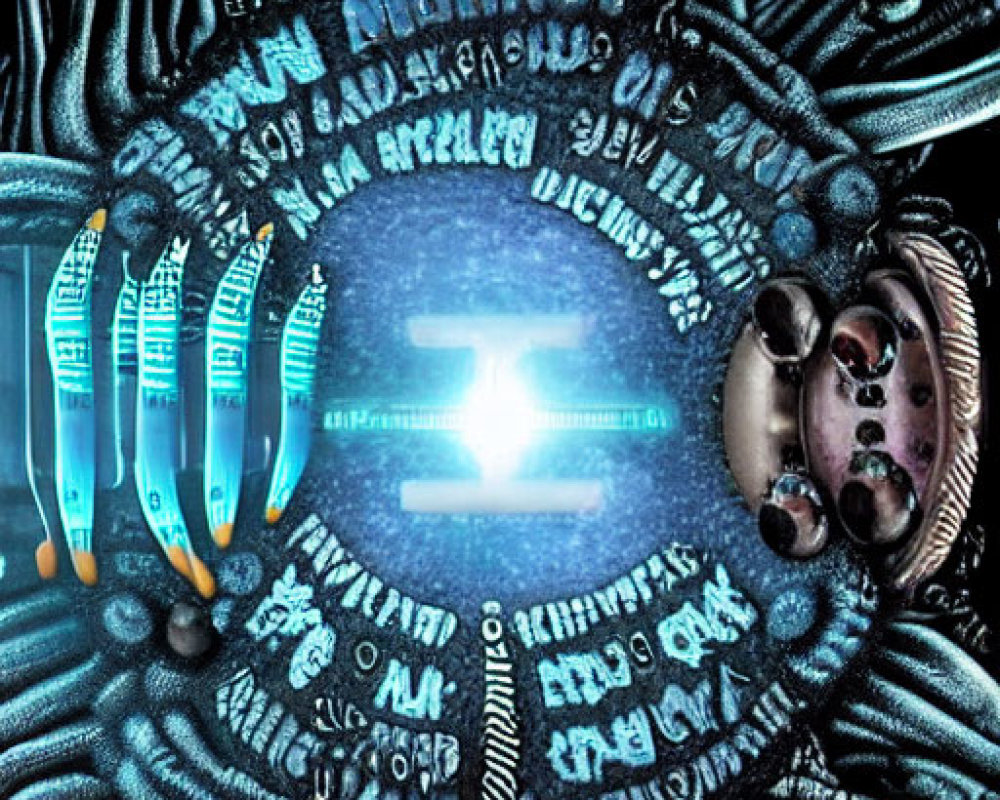 Abstract digital artwork: glowing blue "T" surrounded by metallic shades and text in surreal composition