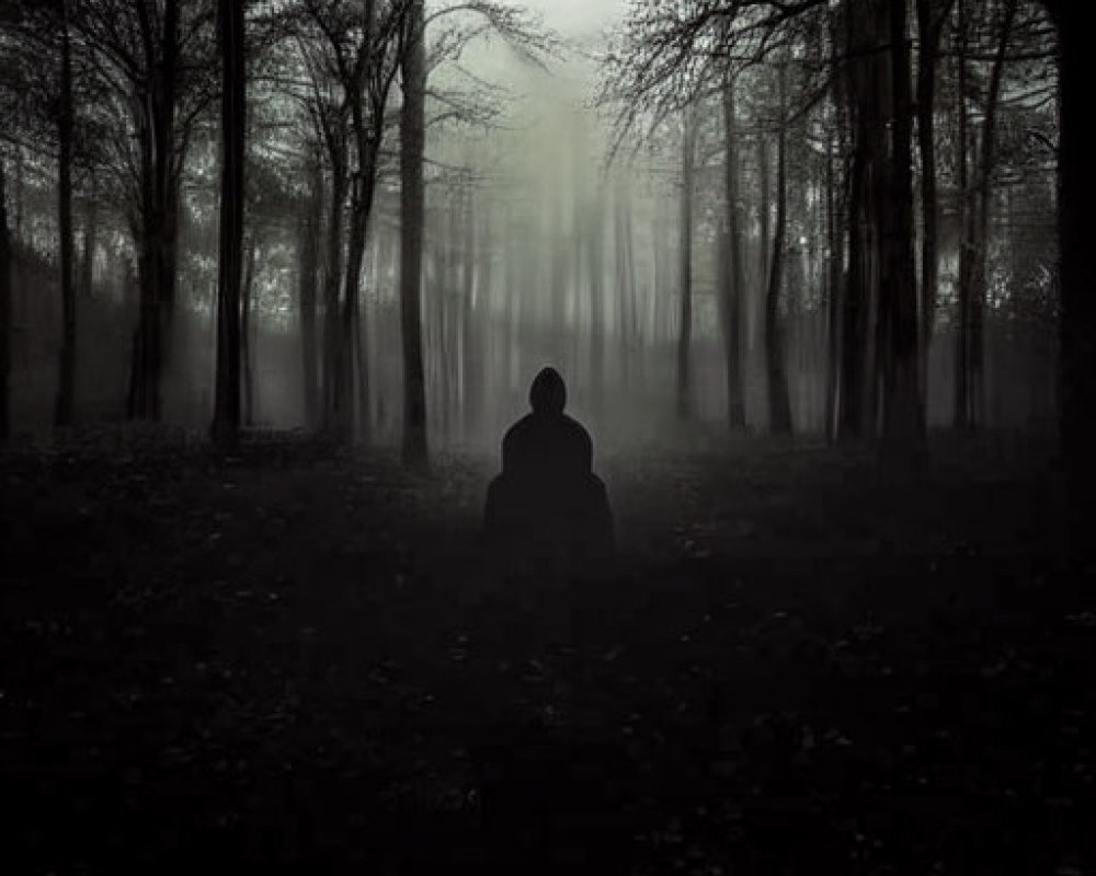 Misty forest scene with person sitting among bare trees