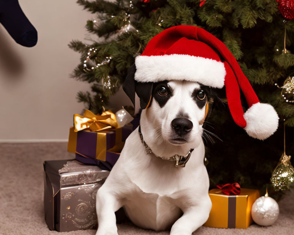 Dog with Santa Hat in Front of Christmas Tree and Gifts