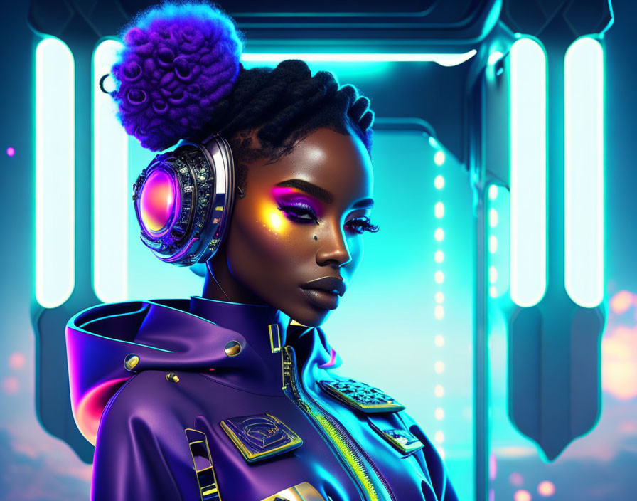 Futuristic African woman with vibrant makeup and afro puff in stylized jacket against neon-lit