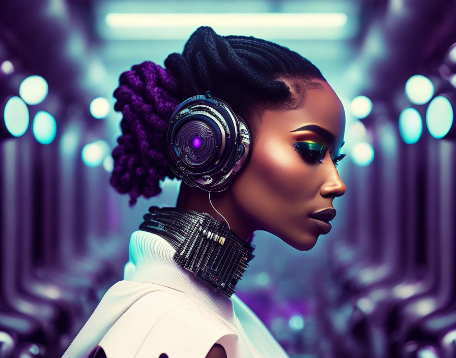 Futuristic woman with headphones, braided hair, and striking makeup in sci-fi setting