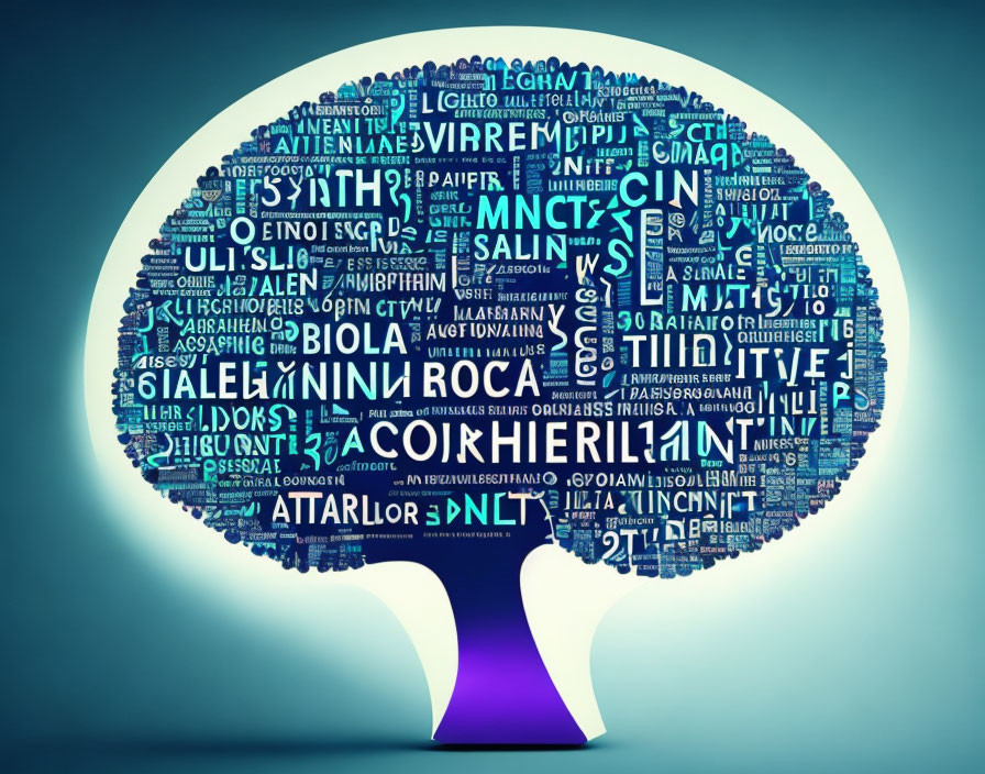 Stylized tree with letter branches resembling a brain on blue background