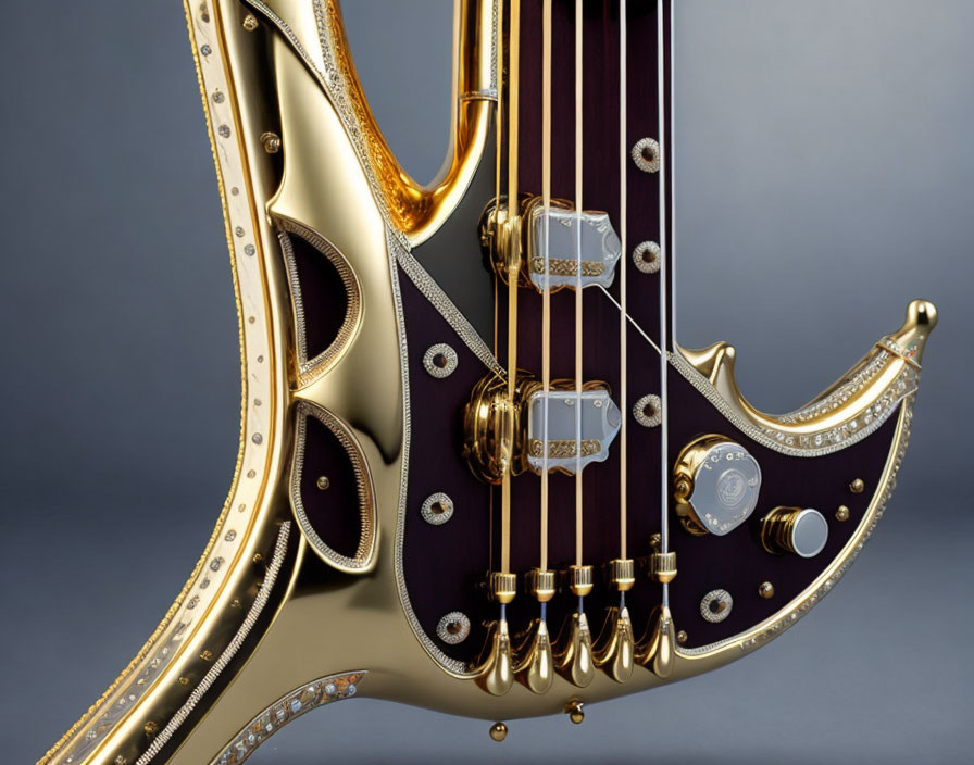 Luxurious Electric Harp Guitar with Gold Detailing on Gray Background