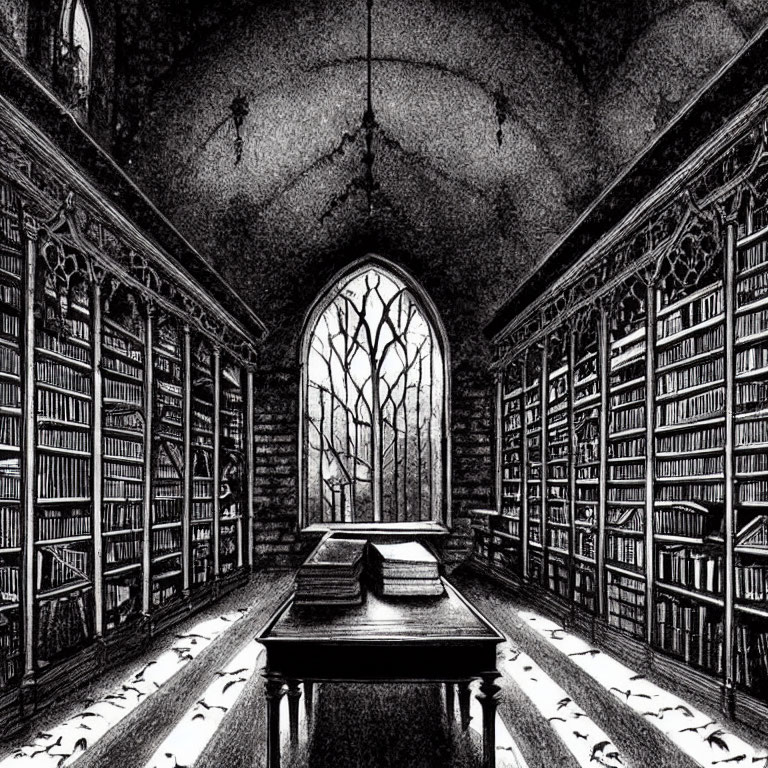 Monochrome sketch of grand library with arched windows and bookshelves