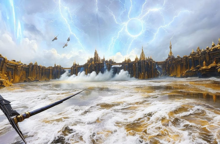 Golden city with spires under stormy sky and lightning, staff by turbulent waters