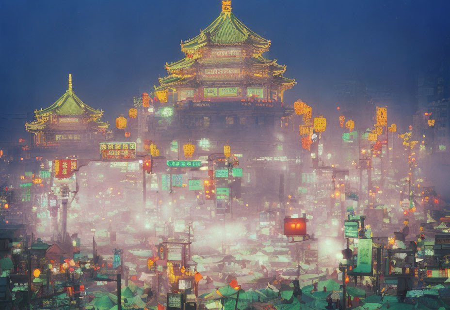 Nighttime view of illuminated traditional Chinese buildings with red lanterns in foggy setting