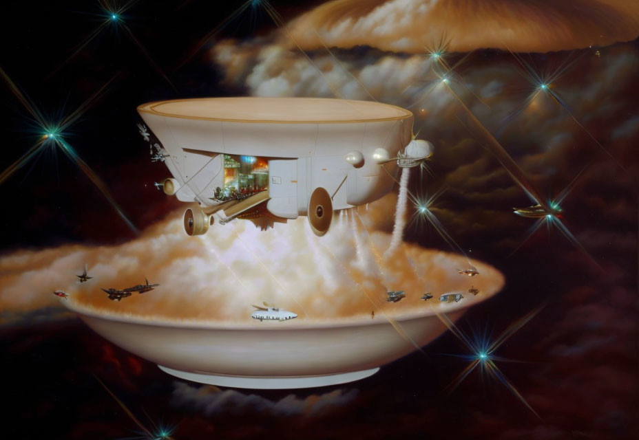 Surreal flying saucer military base with fighter jets in starry sky