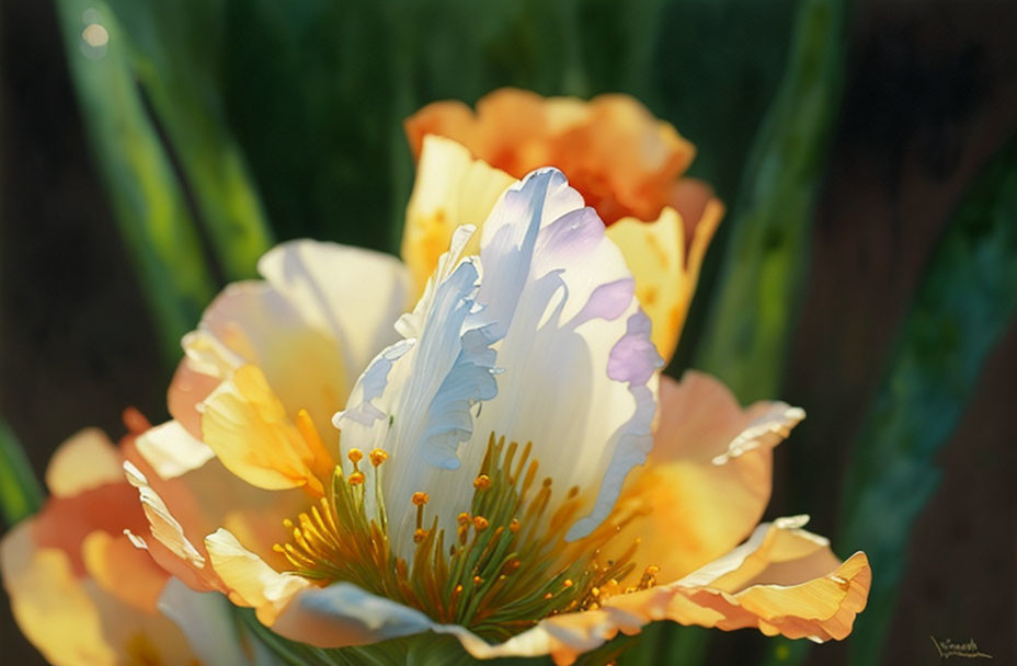 Vibrant close-up of white and yellow flower petals with golden stamens in sunlight