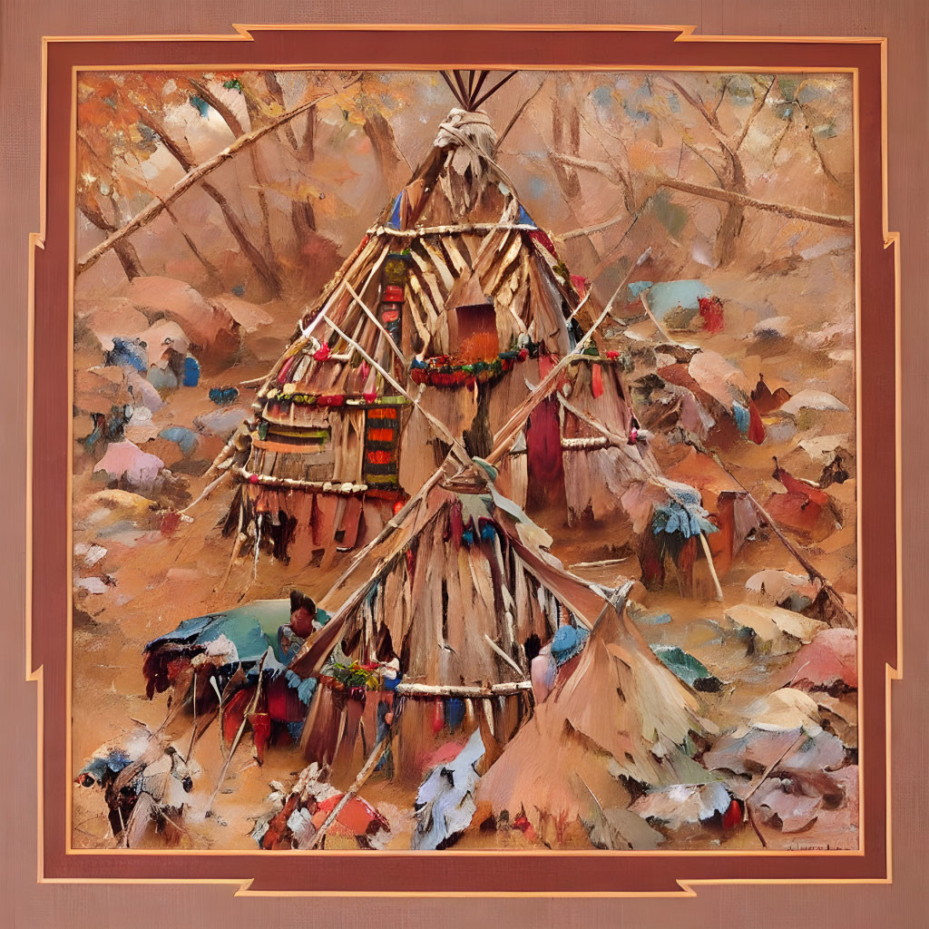 Traditional teepee painting with autumn leaves and colorful decorations