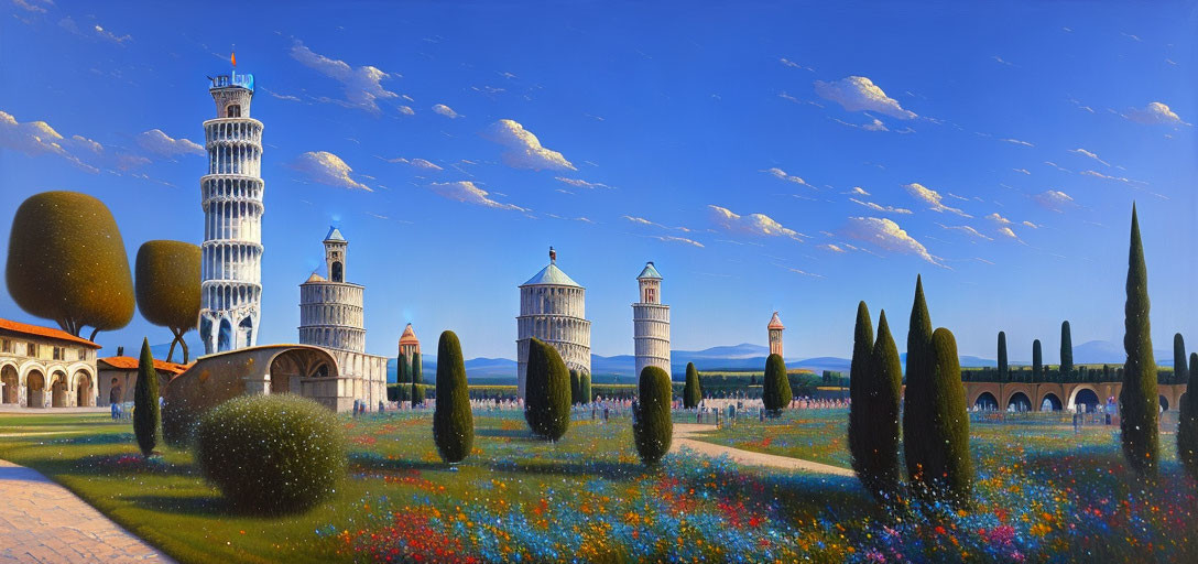 Panoramic painting of Pisa Cathedral Square with leaning tower, gardens, flowers & blue sky.