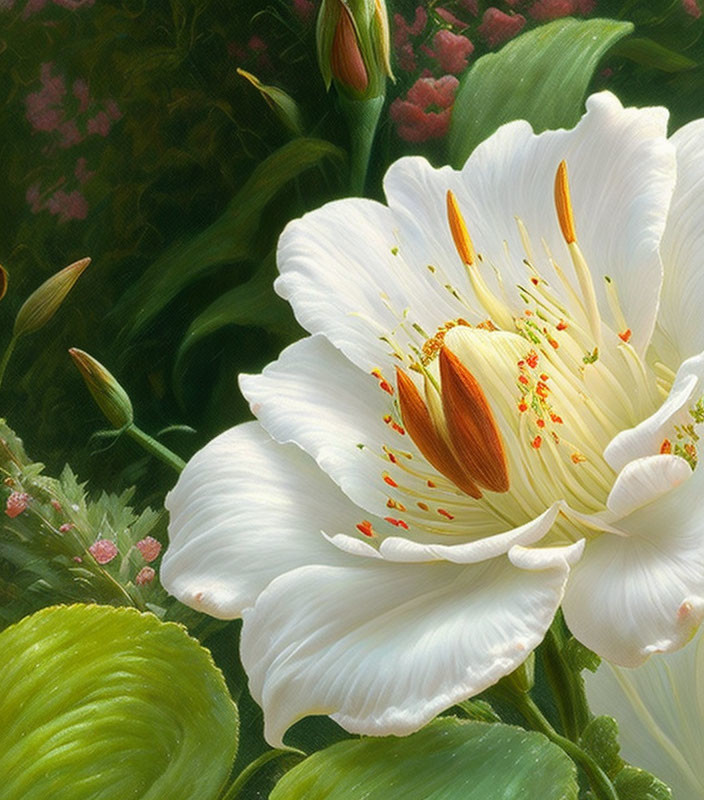 Vibrant white flower with golden stamens against green backdrop