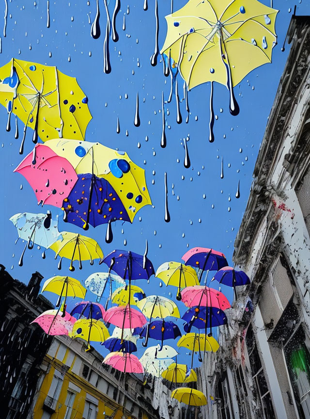 Vibrant umbrellas and white splashes under blue sky with old building